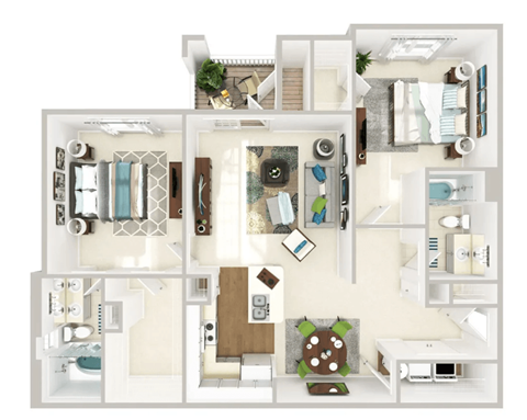 Floor plan for 2 beds, 2 baths, 1119 sqft